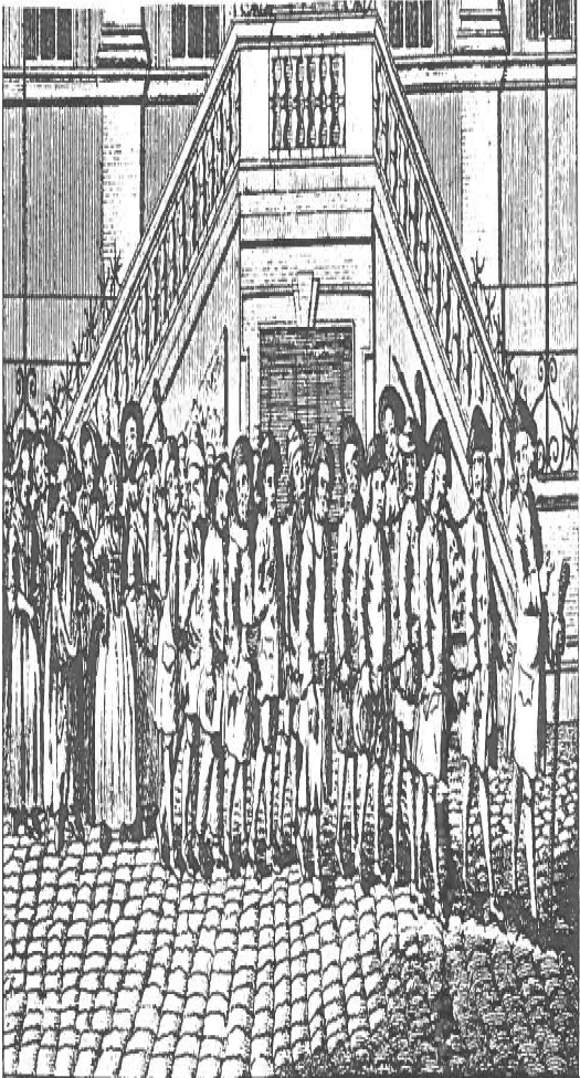 Gang of chained men being led to Blackfriars for transportation to America