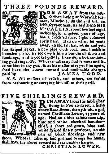 Advertisement for capturing runaway White slaves from the Pennsylvania Packet and General Advertiser, February 10, 1772