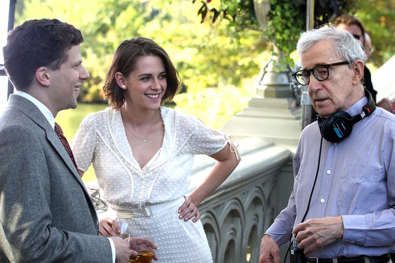 Jesse Eisenbert, Kristen Stewart, and Woody Allen in Cafe Society