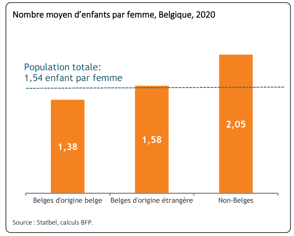 出生率差异很大，比利时本土女性仅为 1.38，外国女性为 2.05（高 48.5%）。