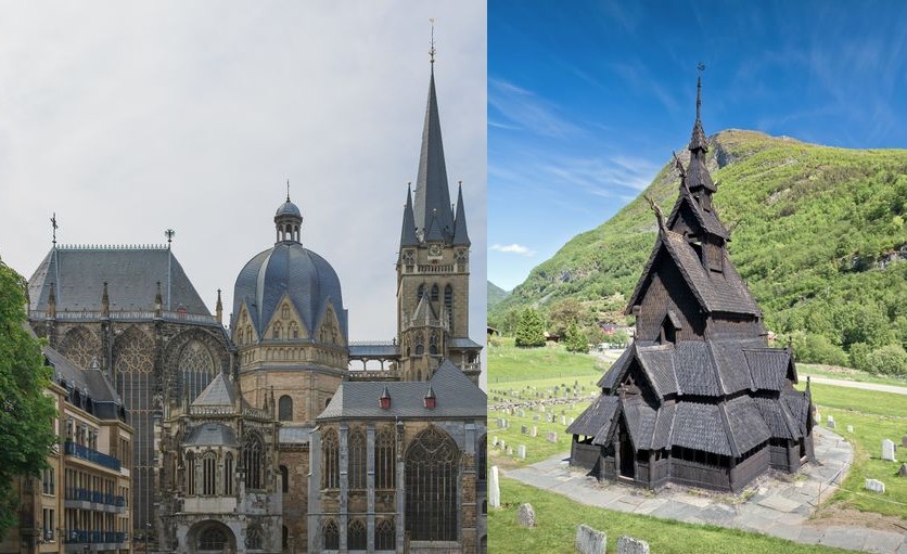 The Palatine Chapel and the Borgund Stave Church (images from Infogalactic)