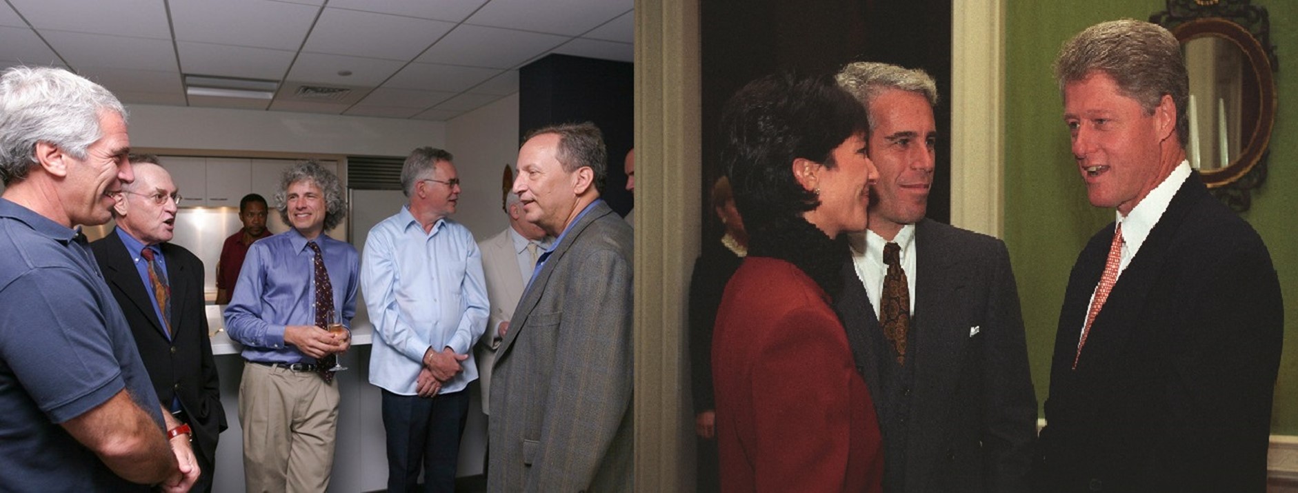 Epstein Schmoozing with elites. Left, from left: Epstein, Alan Dershowitz, Steven Pinker, unidentified man, and Larry Summers, presumably at Harvard. Right: with Ghislaine and Bill Clinton