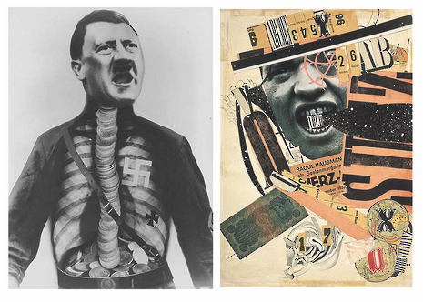 左图：超人阿道夫：约翰·哈特菲尔德 (John Heartfield) (Herzfeld) (1923) 的《吞金吐垃圾》。 右图：拉乌尔豪斯曼 (Raoul Hausmann) 的 ABCD (1923-24)